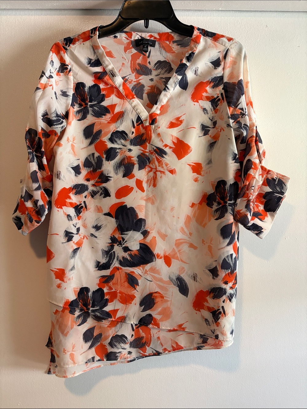 The Limited Floral V-Neck Blouse in White, Orange & Navy